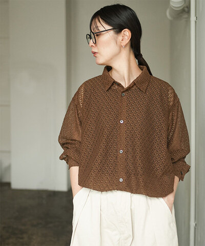 HARVESTY|ジオメトリックレースビッグシャツ トップス 長袖 透け a32614