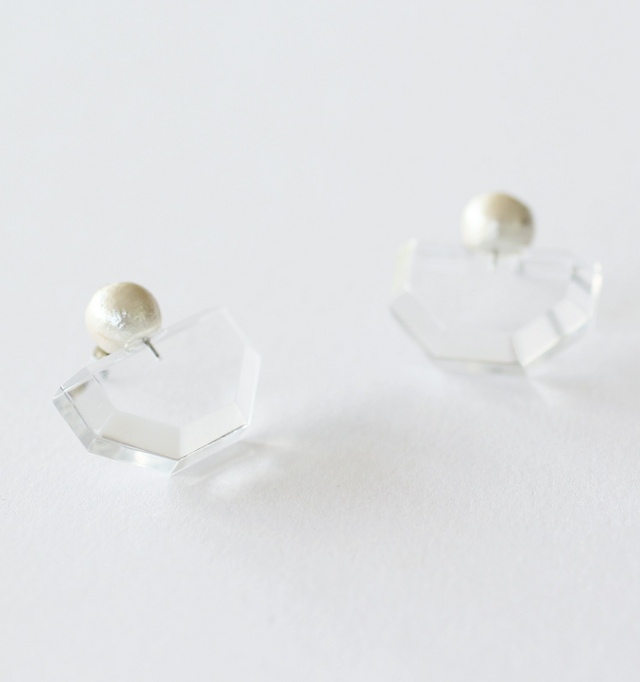プラスチックに比べて透明度が非常に高く、クリアな美しさ。アセテート同様、綿花から作られるコットンパールとの組み合わせが、女性らしさを与え、全体のバランスを引き締めています。
■画像カラー:クリア(CL)