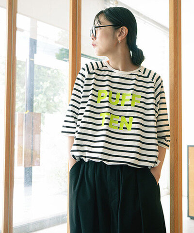 SOLAMONAT|パフ天竺 裾紐ボーダー5分袖プルーオーバープリント(PUFF TEN) トップス Tシャツ カットソー sma-puf-himo-5bd-pt