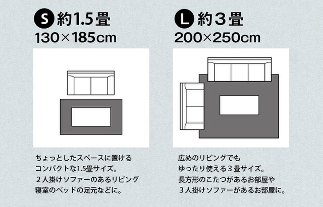 Sサイズは、ちょっとしたスペースに置けるコンパクトな1.5畳サイズ。
Lサイズは、広めのリビングでもゆったり使える3畳サイズ。