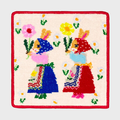 bpbp|CHENILLE HANDKERCHIEF お花を掲げるうさぎたち シェニール織ハンカチ 布川愛子