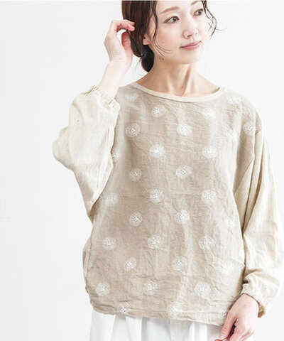 prit|【30%OFF】【WOODY別注カラー】 18/1綿麻ムラ糸天竺×60/1リネンガーベラ刺繍 切替コクーンプルオーバー 長袖 p91546