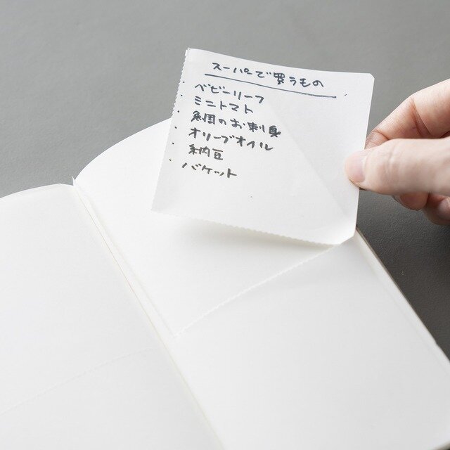 外出先で、自分の連絡先やちょっとした情報を人に伝えることも。
そんなとき、点線できれいに切り取れるメモページが重宝します。