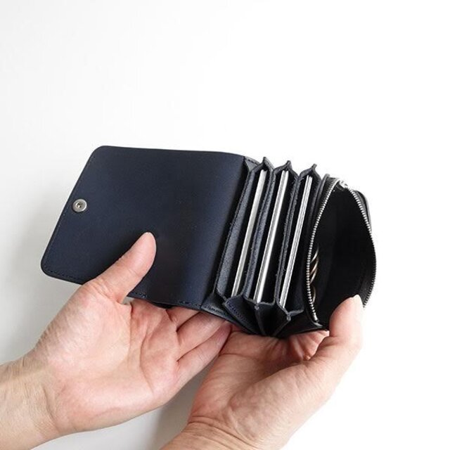 ミニサイズのウォレットながら、6レイヤーに分けた用途別の収納と、アコーディオンマチ構造が特徴的な札入れです。
