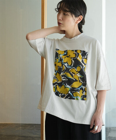prit|prit(プリット) 40/2天竺×60/1ローンラフボタニカルプリント 5分袖フレームTシャツ p92642