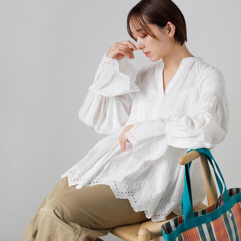 ne Quittez pas|コットンボイル ホワイトクローバー カットワーク ギャザー ブラウス Cotton Voile White Clover Cutwork Gather Blouse 010161wk1