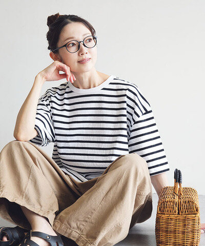 SOLAMONAT|パフ天竺 ボーダーハーフスリーブT トップス ボーダーTシャツ プルオーバー カットソー 半袖 日本製 五分袖 5分袖 ラウンドヘム sma-puf-bdhf