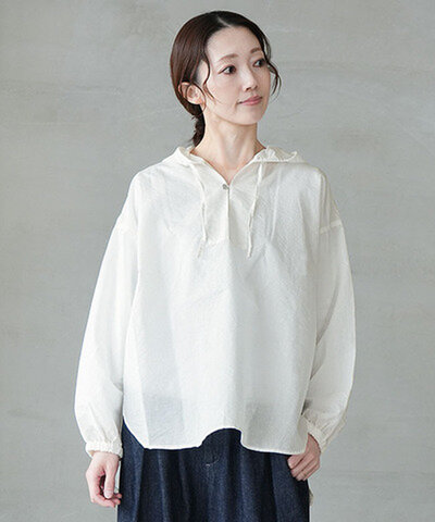 prit|エアリーコットンフードプルオーバーシャツ レディース トップス ブラウス ホワイト ブラック ストライプ p81628