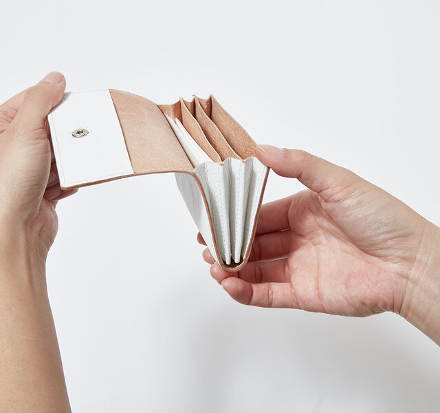 中は、じゃばら式の作りになっていて3部屋の収納があり、多くのカードを収めるこができます。