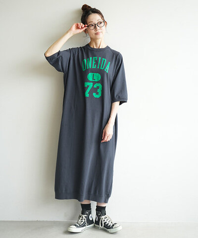 BLUE LAKE MARKET|17/BD天竺 ラグランスリーブプリントワンピース -ONEIDAL 73- レディース Tシャツワンピース ロゴ 半袖 七分袖 五分袖 b-521010