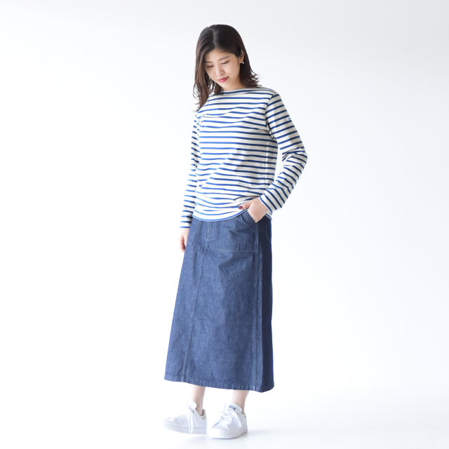 モデル: 157cm /47kg
color:ecru×indigo / size:1