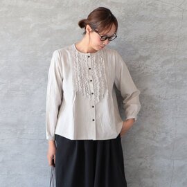 blue willow|コットンタンガリー裁ち切りフリルブラウス