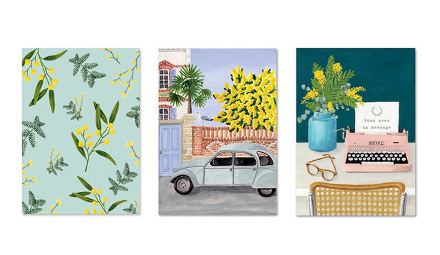 ミモザが描かれたフランスのポストカード。
この中から一枚プレゼントいたします。