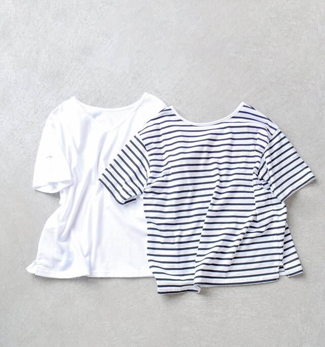 定番のソリッド&ボーダー柄に、
薄手のコットン天竺生地を
使用した着心地のよい
プルオーバー。