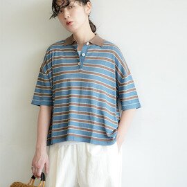 mao made|ポロニット 綿麻ボーダーポロ レディース トップス 洗える ポロシャツ プルオーバー 621109