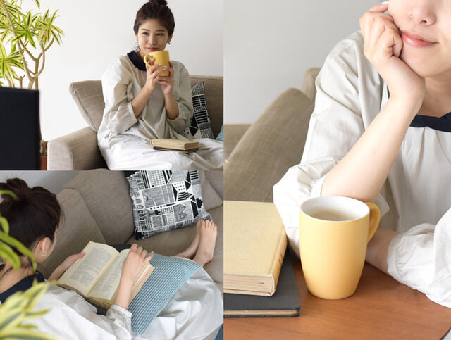 お家でのんびり過ごす日は、ゆったりアイテムでスタイリング。
薄手でサラッとした着心地の良いワンピースをチョイス。