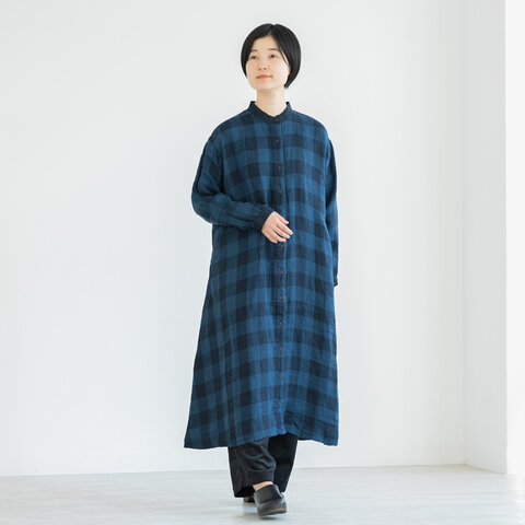TUTIE.|リネンダブルガーゼチェック配色バンドカラーワンピース