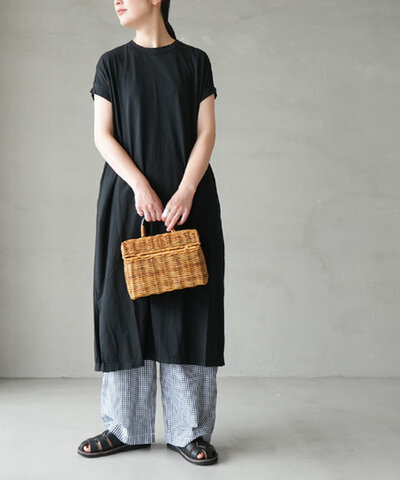 RINEN|60/2スーピマ天竺 フレンチスリーブスリットワンピース Tシャツ 半袖 レディース クルーネック ロング丈 r19619