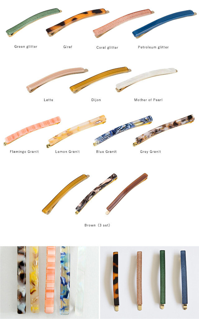 ・カラーバリエーション
ラテ ディジョン マザーオブパール フラミンゴグラニット レモングラニット ブルーグラニット グレーグラニット グリーングリッター ジラーフ コーラルグリッター ペトローリアムグリッター ブラウン(3個セット)
・ラテ、ディジョンを除く全てのカラーは模様の出方に個体差があります。
・華奢なデザインのため、着け外しの際にはお取り扱いにご注意下さい。