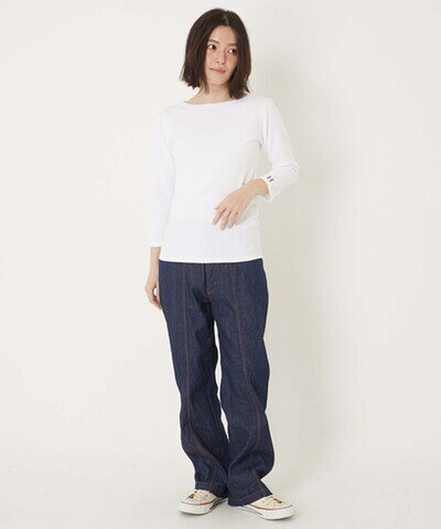 HOLLYWOOD RANCH MARKET|ストレッチフライス ボートネック ハーフスリーブ Tシャツ ウイメンズ WHITE ホワイト 白 七分袖 カットソー H刺繍 日本製