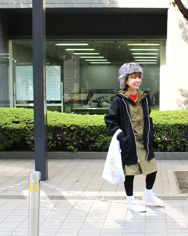 outer:SKOOKUM  STRATOBee exclusive  ¥58,000+tax
jacket: THE NORTH FACE compact jacket  ¥13,000+tax
inner: Noreasterly  vest   STRATOBee  exclusive  ¥ 12,500+tax
bottom: THE NORTH FACE　Gadget Hangar Skirt ¥16,000+tax
shoes: WhiteMountaineering ×adidas originals  CP　¥15,000+tax
hat: G&S ORIGINALS   FULL FAUX FUR AVIATOR HAT  ¥4,800+tax
