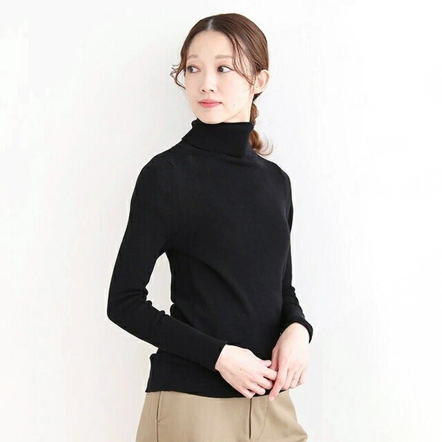 tumugu コットンリブニット ロングタートルネックカットソー