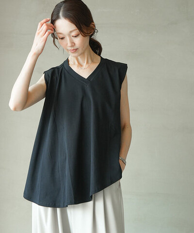 mizuiro ind|【SALE 10%OFF】V neck asymmetry N/S P/O Vネックアシンメトリーノースリーブプルオーバー トップス カットソー 2-210141