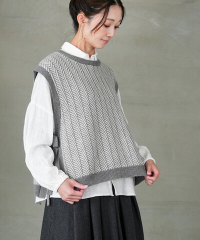 blue willow|メリノウールへリンボン柄サイドリボンベスト レディース トップス 01ewp29550