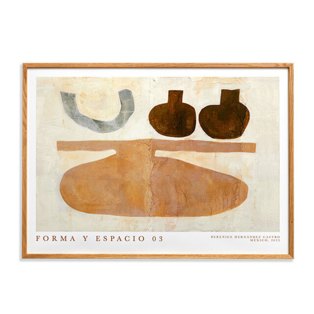 「Forma Y Espacio 03」は、水差しと器のシリーズとして発表され、魅惑的で心を和ませます。キャンバスとコットンの繊維を混ぜたものに絵を描くことで彼女の故郷の日用品を連想させ、テクスチャーと奥行きが、伝統的な形と天然素材を称える構図に引き込みます。