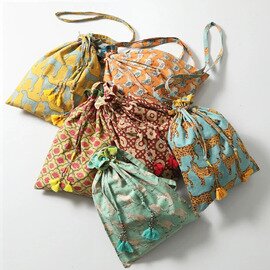 くたっとした風合い インダスバレー インド綿 ブロップリント 巾着ショルダー kurashisha