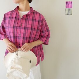 prit|リネンコットンチェック5分袖スタンドカラービッグシャツ(81607)