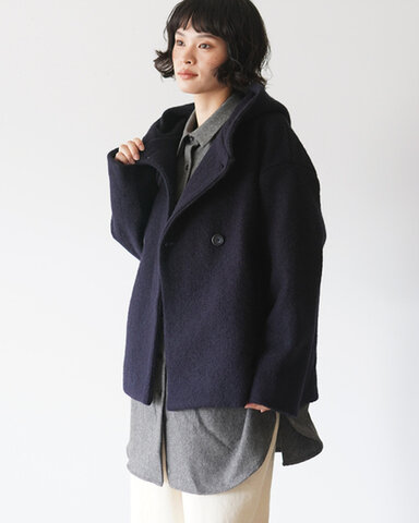 mao made|ダブルボタン ミドル丈 フーディジャケット 圧縮ウール アウター 641128 マオメイド