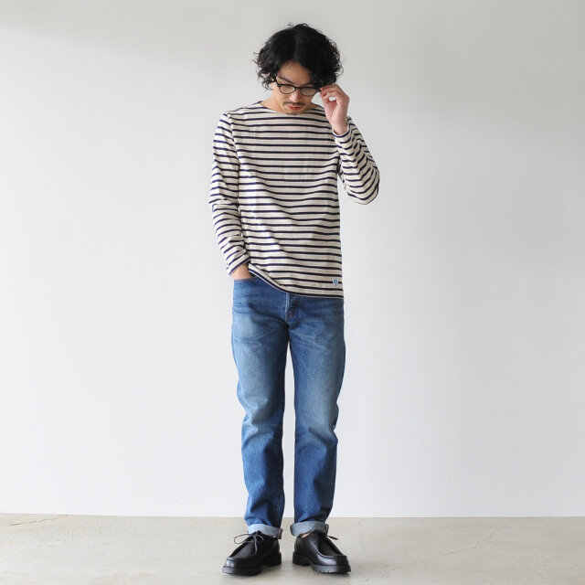モデル:173cm / 58kg
color : ecru/marine / size : 4(Men's M)