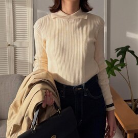 NARU|(ナル) 【あさこさんコラボ】ランダムリブ シャツカラーニット 6W-ask-02【予約】襟付きニット レイヤード インナー