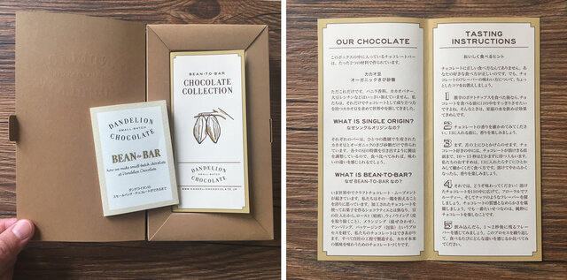 セットされているチョコレートバーの特徴やダンデライオンのBean to Barチョコレートの製造工程などがわかる説明書を同梱しています。
わたしたちのチョコレートについての説明やおいしく食べるヒントが記載されています。