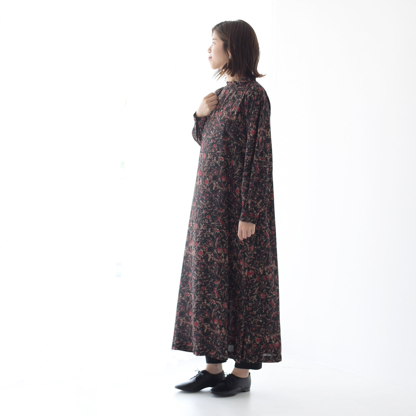 Whyto スタンドカラーフラワードットプリントロング丈ワンピース長袖ワンピース Wht19fop1 ホワイト Crouka クローカ キナリノモール