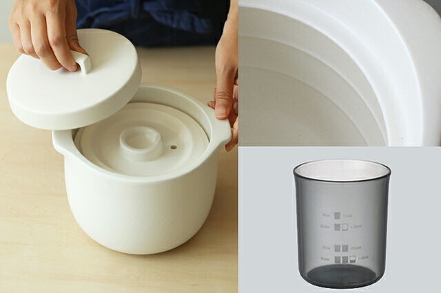 この土鍋の一番の特徴は、中蓋がついているということ。
蓋が二重構造になっているため、しっかり圧力がかかって、吹きこぼれを防いでくれるんです。
(炊くときは、中蓋と外蓋の上記穴の位置をずらしてくださいね。)
沸騰したら蒸気が出てくるので、それを目安に弱火にします。
炊き上がったら10~15分しっかり蒸らすのもポイントです。
この土鍋にはお米もお水もしっかり量れるメジャーカップがついているのも嬉しい。
さらに、土鍋の内側には下は1合、上は2合分のお水の目安になる線も入っています。
だからわざわざ量らなくても目分量でお水を入れられます。
ただ、この線はあくまで目安。
正確な水分量ではないので、使いながら慣れてくださいね。
最初はしっかり軽量カップで量ることをおすすめします。