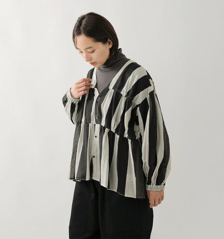 ESTROISLOSE|コットン 太ボーダープリント 裾フリル ブラウス eb25323-tr