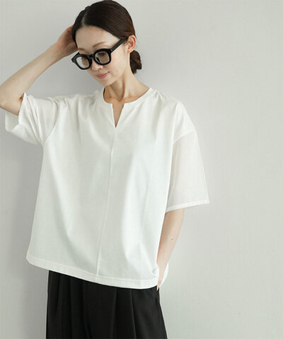 MIDIUMISOLID|【SALE 10%OFF】sheer slv skipper PO シアースリーブスキッパープルオーバー 半袖 Tシャツ 2-112246