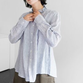 haddow|パウロ麻・B リネンストライプのたたみフリルカラーシャツ 長袖シャツ リネンシャツ