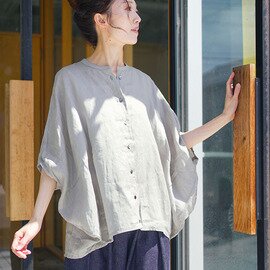 mizuiro ind|【SALE 10%OFF】リネンスタンドカラーコクーンシャツ トップス リネンシャツ ブラウス 半袖 ドルマンスリーブ 2-230148