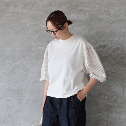 BLUE LAKE MARKET|バイファブリックパフスリーブ袖ストライプTee