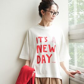 tumugu|ラフィ天竺 プリントT-IT'S A NEW DAY-ロゴTシャツ プルオーバー カットソー 半袖 五分袖 5分袖 レディース tc26203