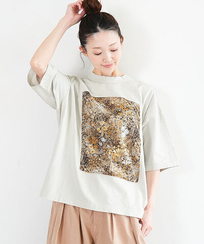 prit|40/2天竺×60/1ローンガーデンプリント 5分袖フレームTシャツ レディース トップス p91606