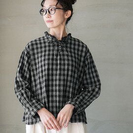 ina|衿紐付きくるみ釦ブラウス 長袖 シャツ トップス チェック 264122