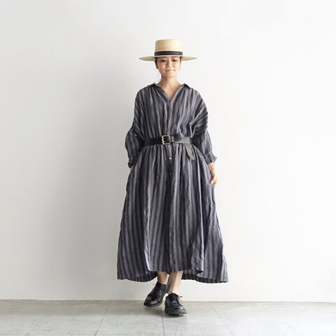 ichi Antiquités｜Linen AZUMADAKI Stripes Shirt Dress