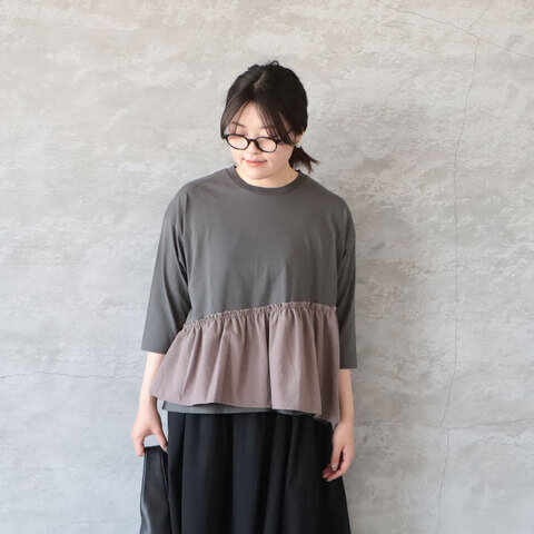 sabbatum|コットン天竺バイファブリックギャザーフリルプルオーバー