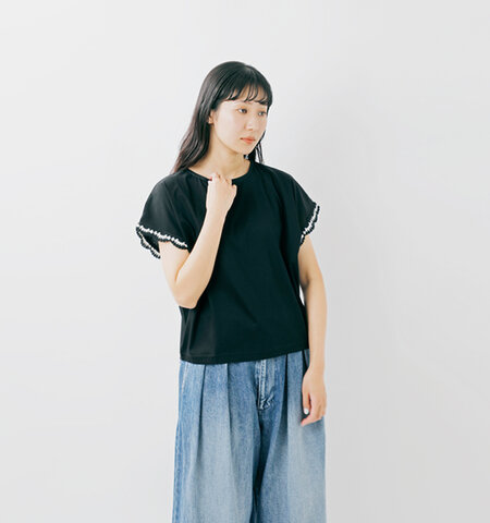 mao made|シルケット天竺 コットン にぎやかしテープ付き フレンチスリーブ Tシャツ 521202-yo