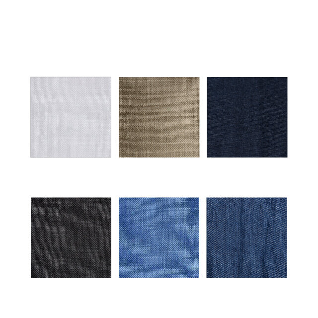 左上から時計回りに「off white」「beige」「navy」「indigo」「fade blue」「charcoal」の6種類をご用意しました。