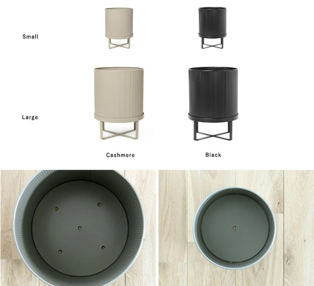 【 Bau Pot 】

・カラーバリエーション　　　カシミア　　ブラック

・ポットとスタンドが各1つの1セットです。

・ポット底には、Sサイズ：1つ/Lサイズ：5つの水切り穴があります。（上画像参照）